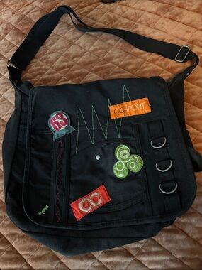 OC Sport Black Canvas Messenger Crossbody Bag with Patch Details